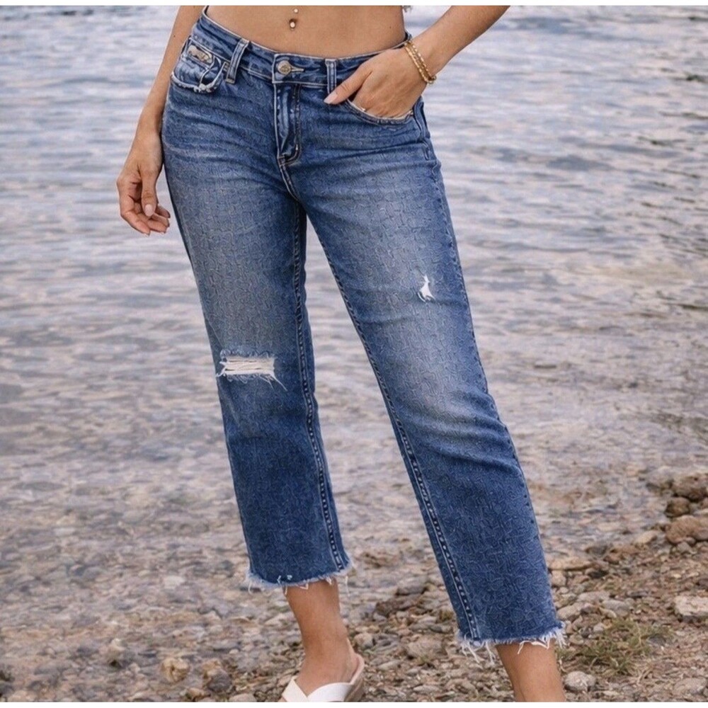 Judy Blue Boyfriend Distressed Jeans Medium Wash Raw Hem JB88108 Size 13/31